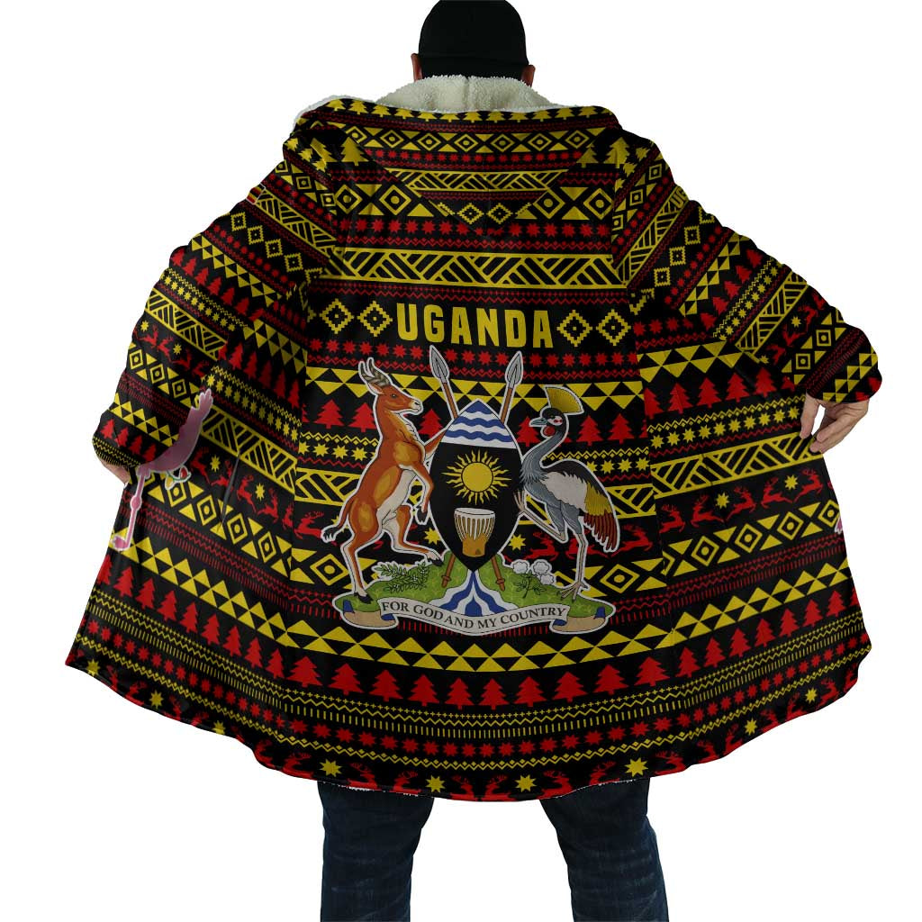 Uganda Christmas Cloak with Flamingo Lights Uganda Flag and Black Red Yellow Tribal Pattern Design - Wonder Print Shop