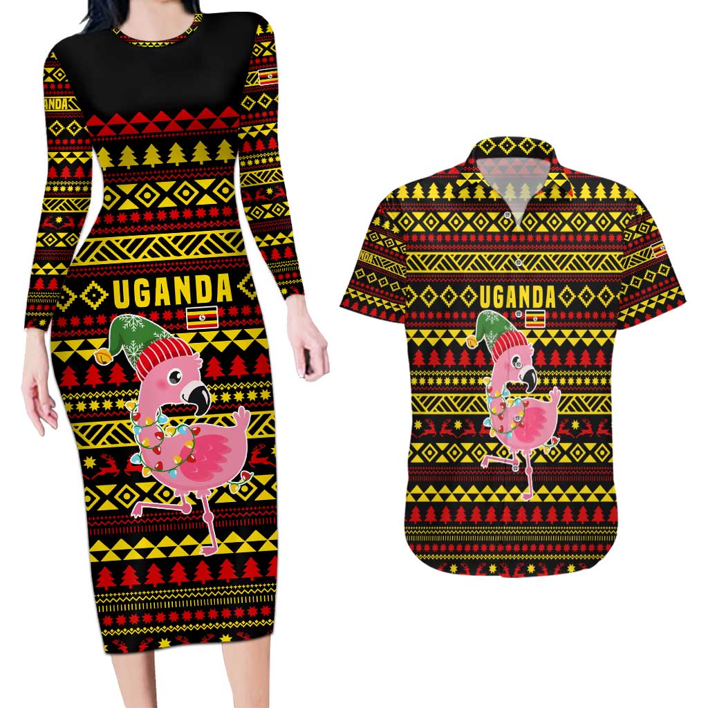 Uganda Christmas Couples Matching Long Sleeve Bodycon Dress and Hawaiian Shirt with Flamingo Lights Uganda Flag and Black Red Yellow Tribal Pattern Design - Wonder Print Shop