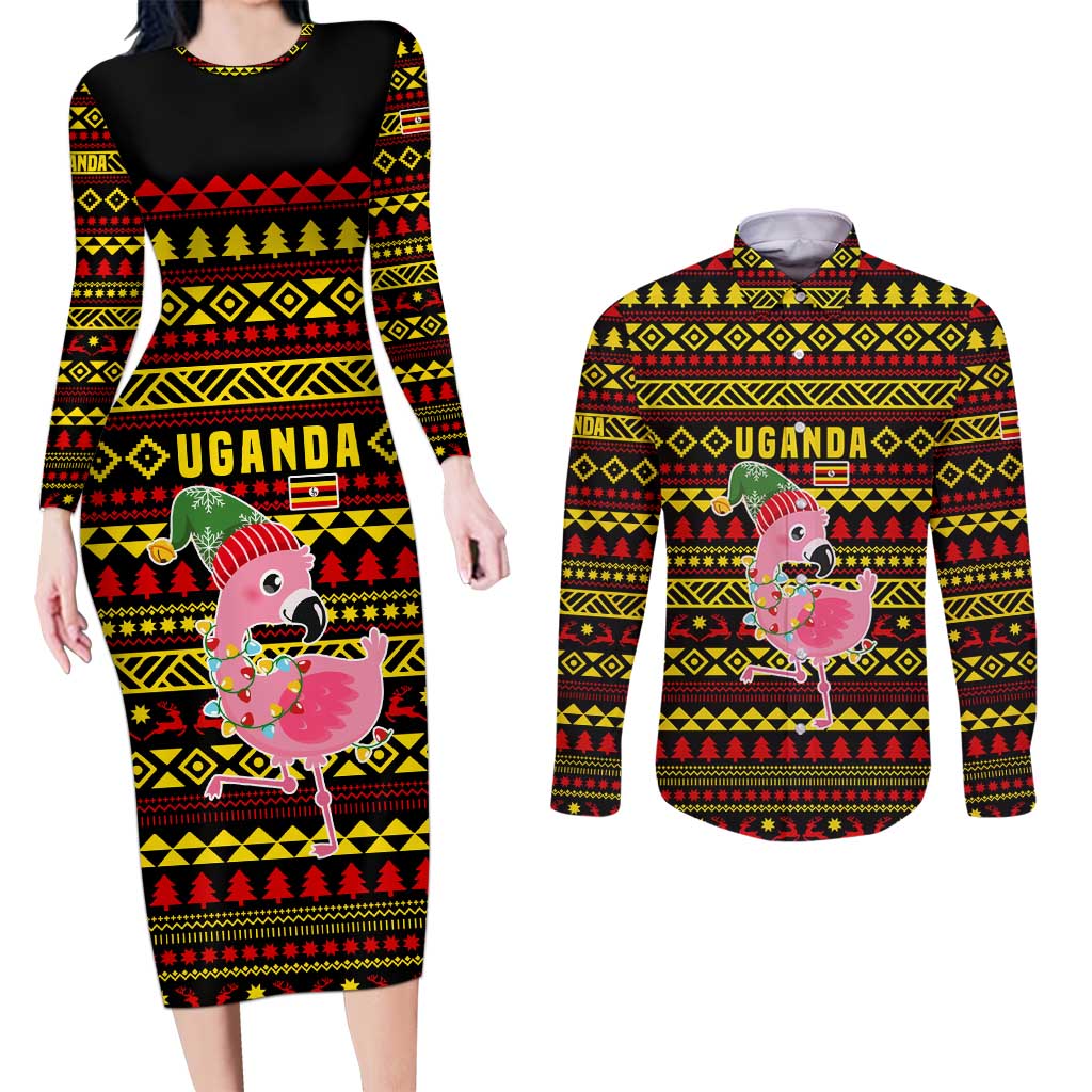 Uganda Christmas Couples Matching Long Sleeve Bodycon Dress and Long Sleeve Button Shirt with Flamingo Lights Uganda Flag and Black Red Yellow Tribal Pattern Design - Wonder Print Shop
