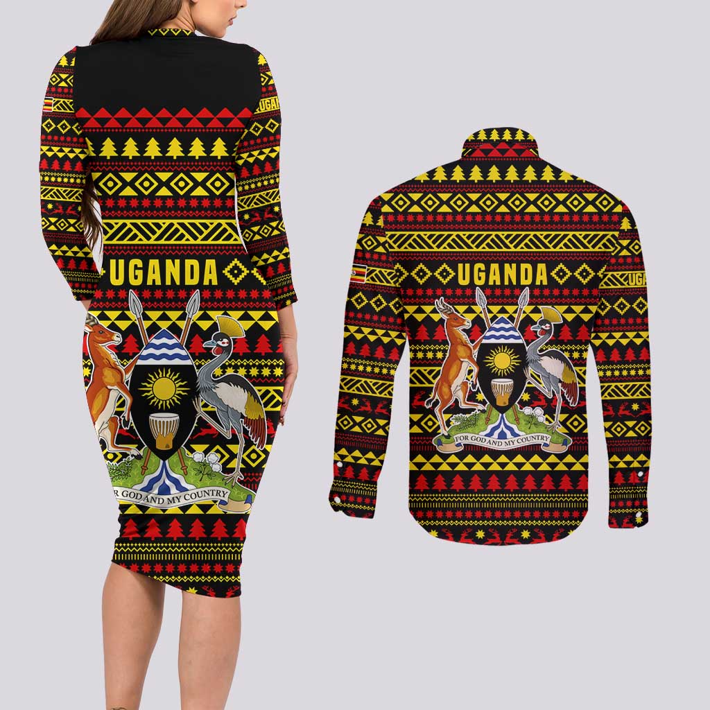 Uganda Christmas Couples Matching Long Sleeve Bodycon Dress and Long Sleeve Button Shirt with Flamingo Lights Uganda Flag and Black Red Yellow Tribal Pattern Design - Wonder Print Shop