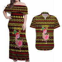 Uganda Christmas Couples Matching Off Shoulder Maxi Dress and Hawaiian Shirt with Flamingo Lights Uganda Flag and Black Red Yellow Tribal Pattern Design - Wonder Print Shop