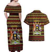 Uganda Christmas Couples Matching Off Shoulder Maxi Dress and Hawaiian Shirt with Flamingo Lights Uganda Flag and Black Red Yellow Tribal Pattern Design - Wonder Print Shop