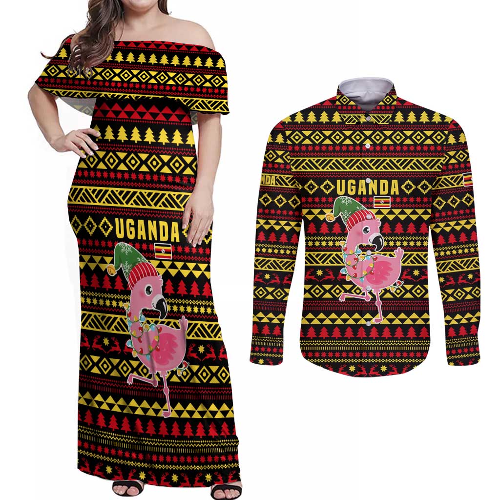 Uganda Christmas Couples Matching Off Shoulder Maxi Dress and Long Sleeve Button Shirt with Flamingo Lights Uganda Flag and Black Red Yellow Tribal Pattern Design - Wonder Print Shop