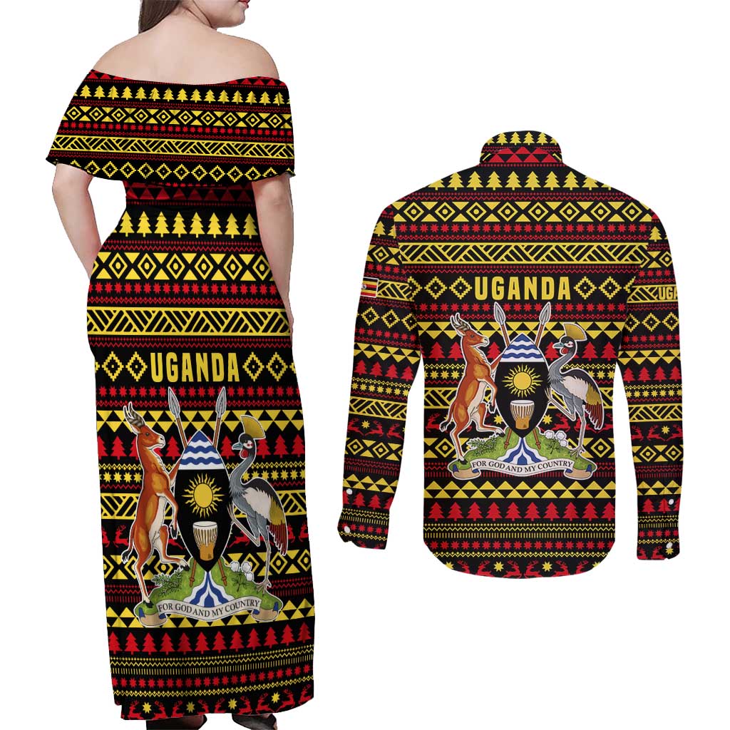 Uganda Christmas Couples Matching Off Shoulder Maxi Dress and Long Sleeve Button Shirt with Flamingo Lights Uganda Flag and Black Red Yellow Tribal Pattern Design - Wonder Print Shop