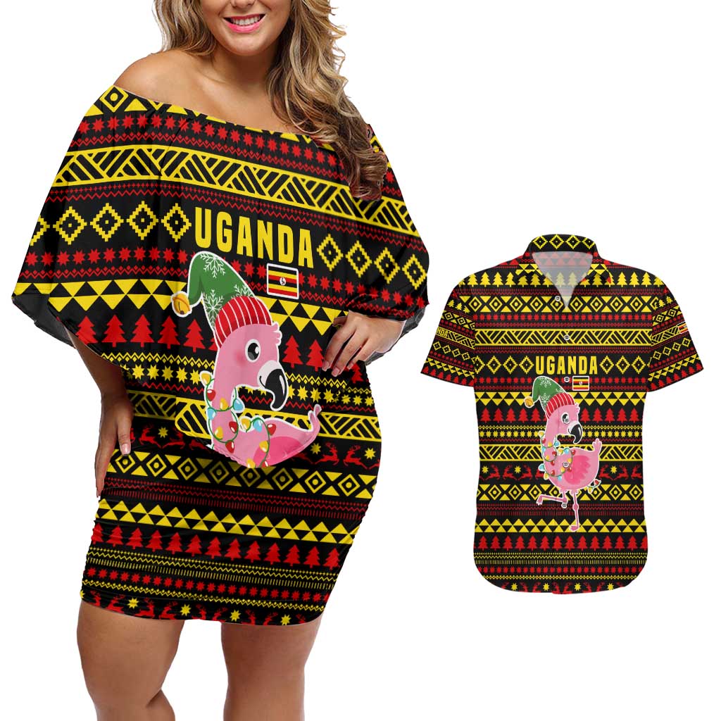 Uganda Christmas Couples Matching Off Shoulder Short Dress and Hawaiian Shirt with Flamingo Lights Uganda Flag and Black Red Yellow Tribal Pattern Design - Wonder Print Shop