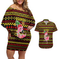 Uganda Christmas Couples Matching Off Shoulder Short Dress and Hawaiian Shirt with Flamingo Lights Uganda Flag and Black Red Yellow Tribal Pattern Design - Wonder Print Shop