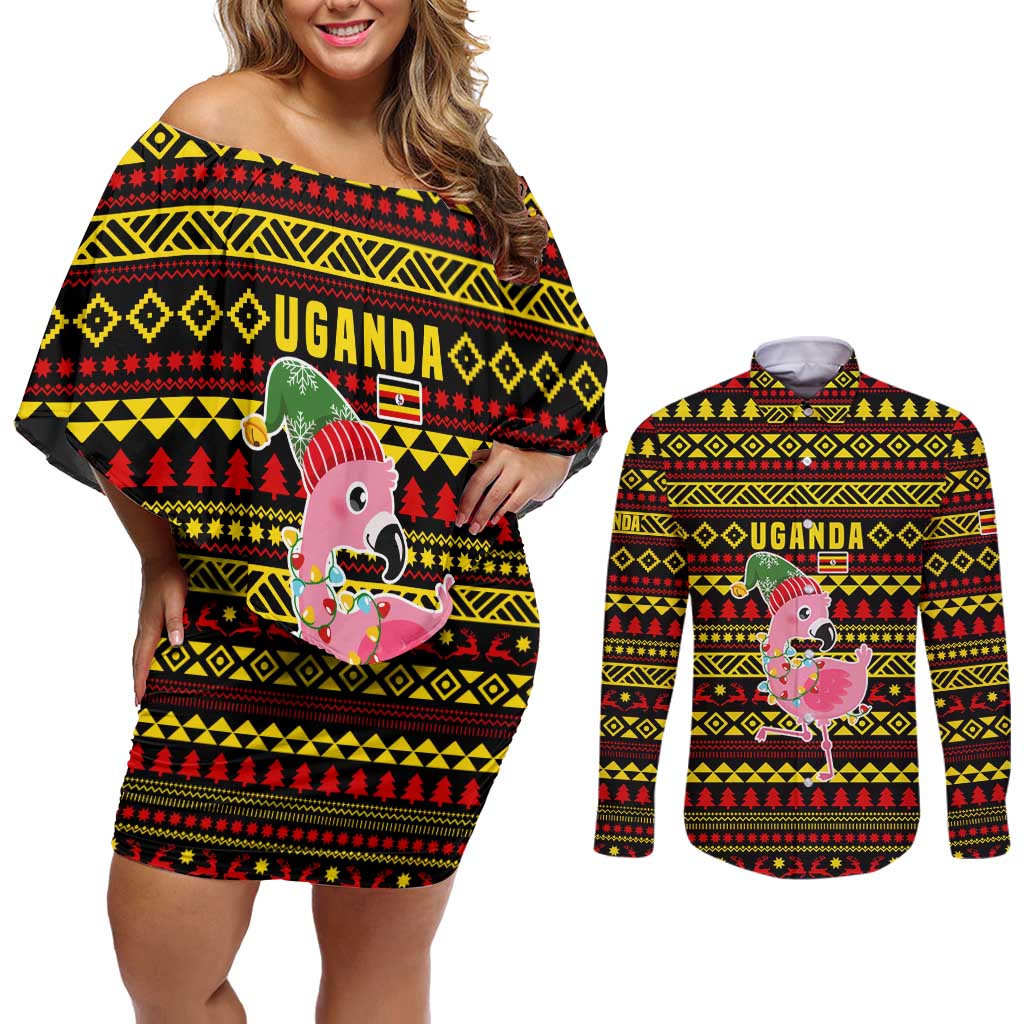 Uganda Christmas Couples Matching Off Shoulder Short Dress and Long Sleeve Button Shirt with Flamingo Lights Uganda Flag and Black Red Yellow Tribal Pattern Design - Wonder Print Shop