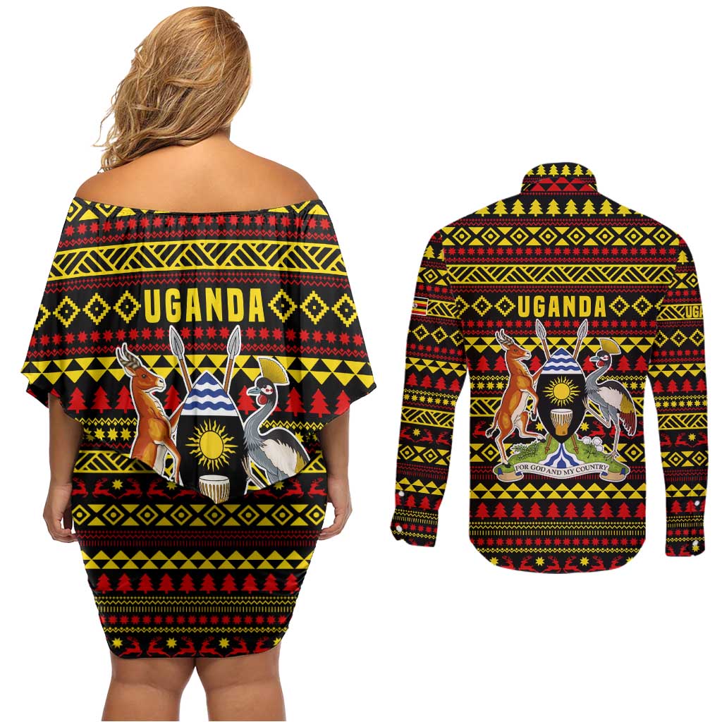Uganda Christmas Couples Matching Off Shoulder Short Dress and Long Sleeve Button Shirt with Flamingo Lights Uganda Flag and Black Red Yellow Tribal Pattern Design - Wonder Print Shop