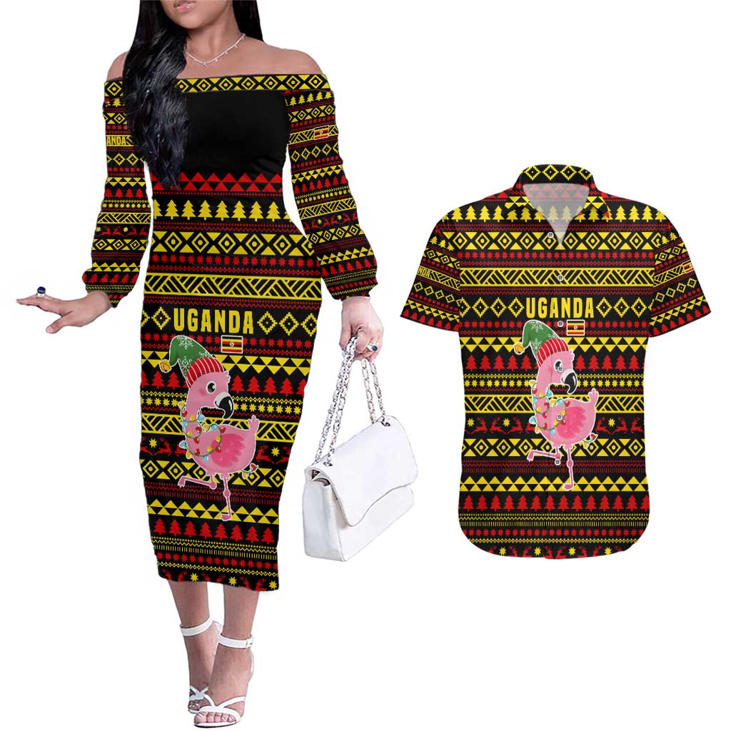 Uganda Christmas Couples Matching Off The Shoulder Long Sleeve Dress and Hawaiian Shirt with Flamingo Lights Uganda Flag and Black Red Yellow Tribal Pattern Design - Wonder Print Shop