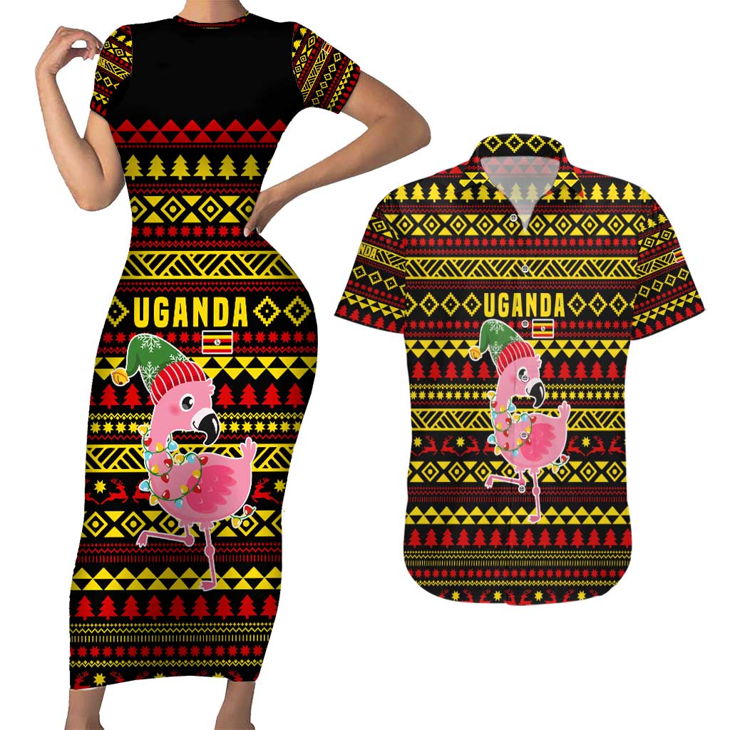 Uganda Christmas Couples Matching Short Sleeve Bodycon Dress and Hawaiian Shirt with Flamingo Lights Uganda Flag and Black Red Yellow Tribal Pattern Design - Wonder Print Shop