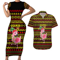 Uganda Christmas Couples Matching Short Sleeve Bodycon Dress and Hawaiian Shirt with Flamingo Lights Uganda Flag and Black Red Yellow Tribal Pattern Design - Wonder Print Shop