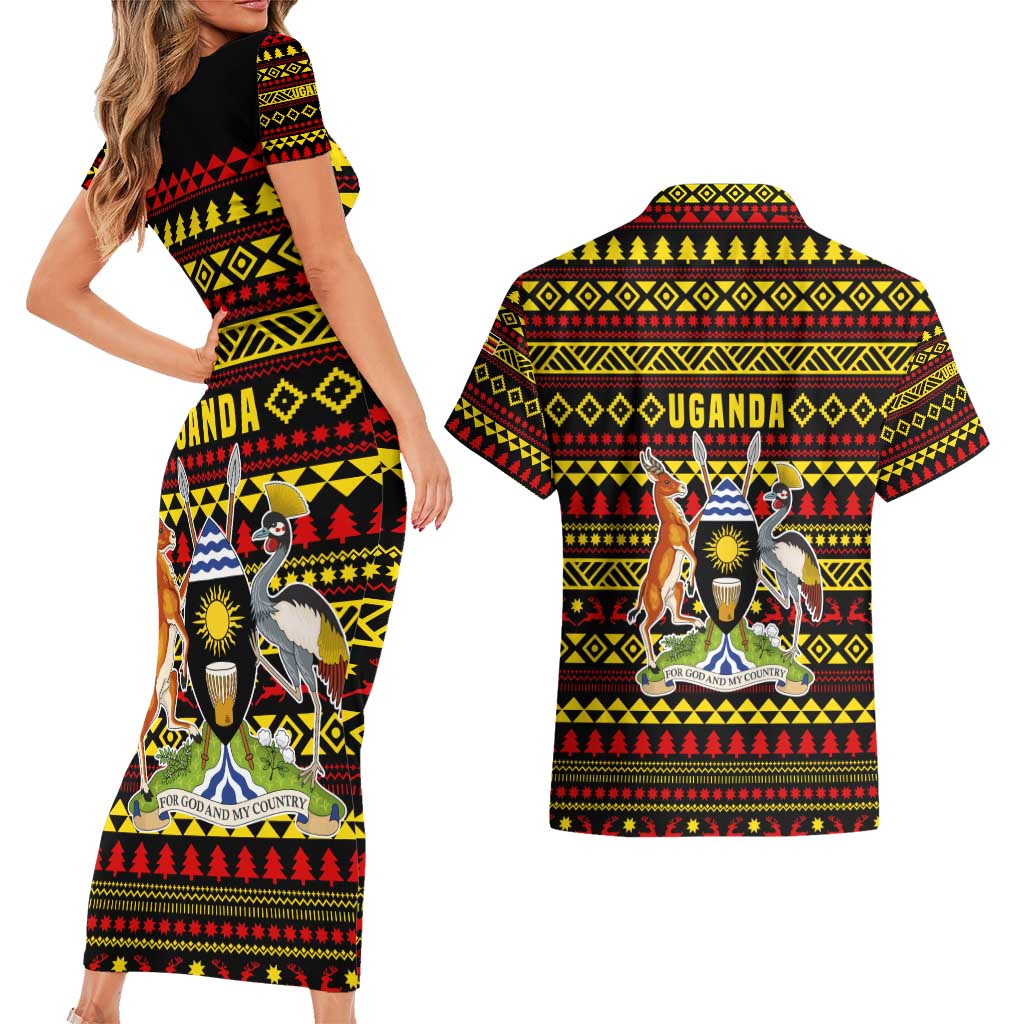 Uganda Christmas Couples Matching Short Sleeve Bodycon Dress and Hawaiian Shirt with Flamingo Lights Uganda Flag and Black Red Yellow Tribal Pattern Design - Wonder Print Shop