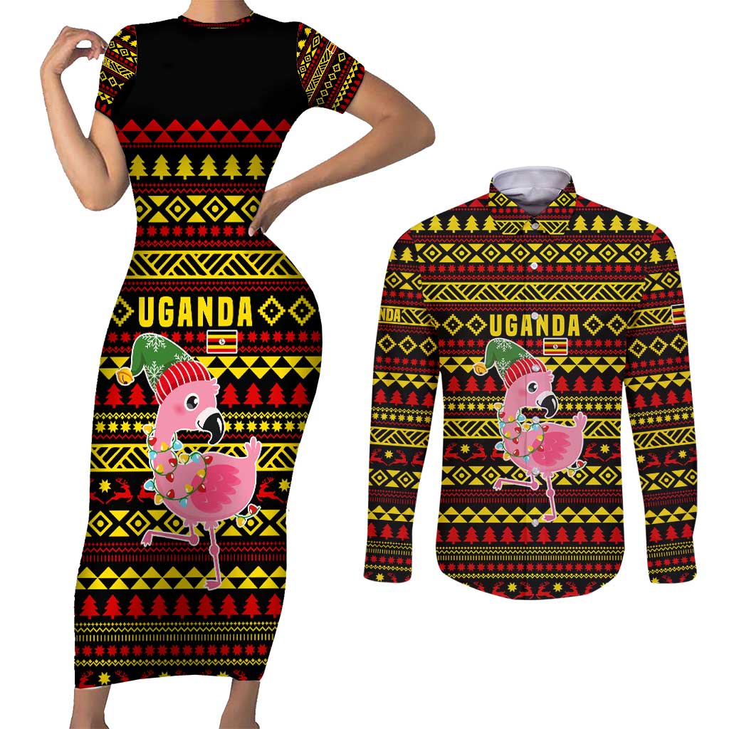 Uganda Christmas Couples Matching Short Sleeve Bodycon Dress and Long Sleeve Button Shirt with Flamingo Lights Uganda Flag and Black Red Yellow Tribal Pattern Design - Wonder Print Shop