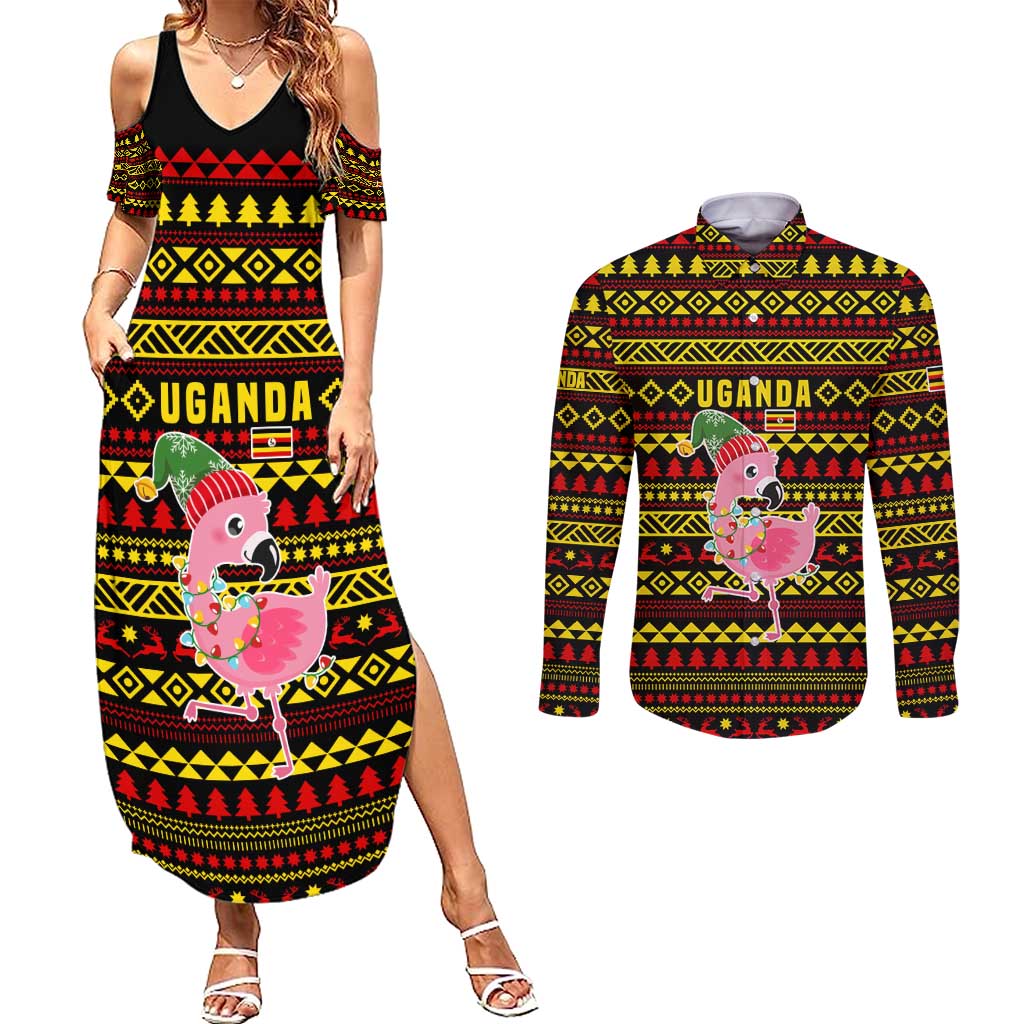 Uganda Christmas Couples Matching Summer Maxi Dress and Long Sleeve Button Shirt with Flamingo Lights Uganda Flag and Black Red Yellow Tribal Pattern Design - Wonder Print Shop