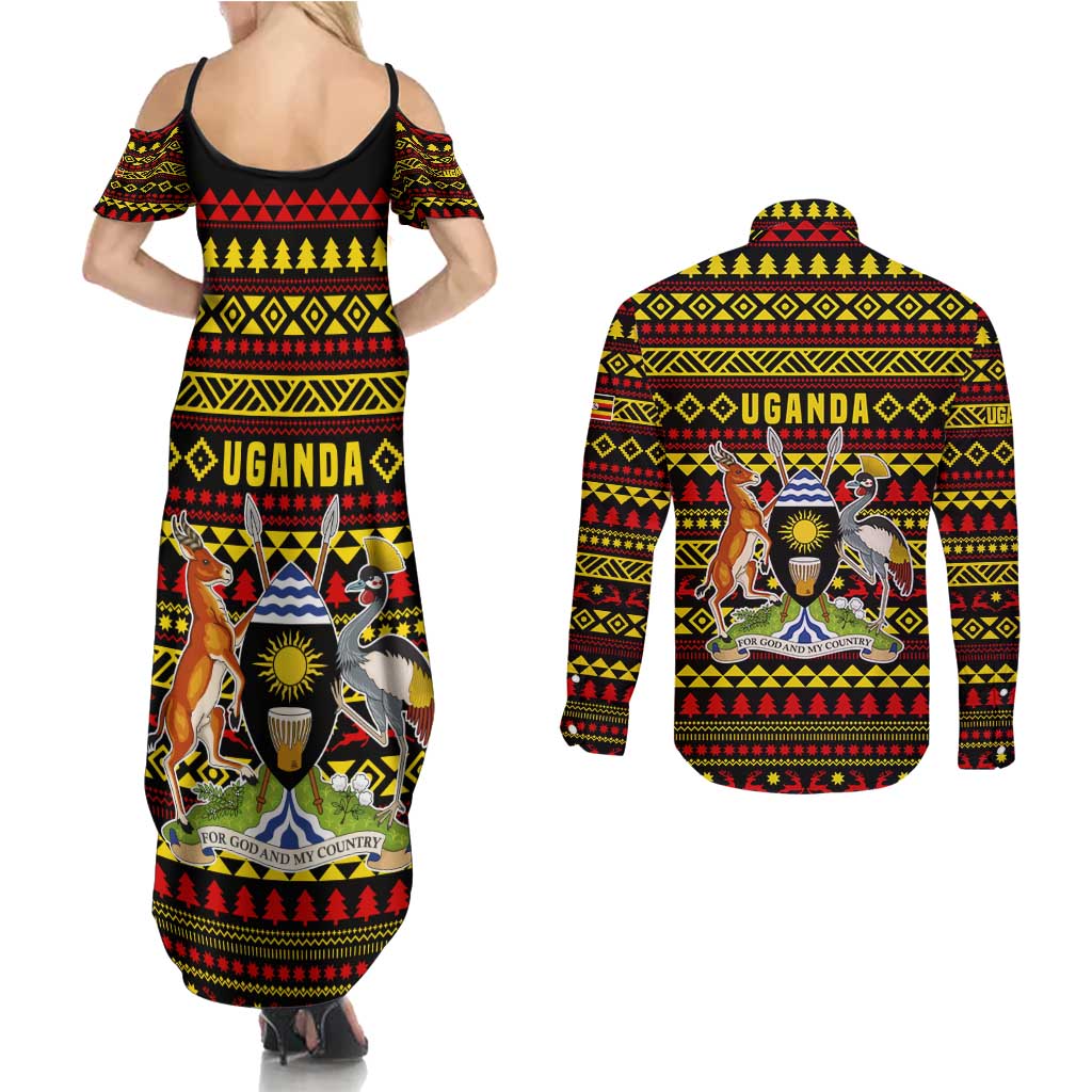 Uganda Christmas Couples Matching Summer Maxi Dress and Long Sleeve Button Shirt with Flamingo Lights Uganda Flag and Black Red Yellow Tribal Pattern Design - Wonder Print Shop