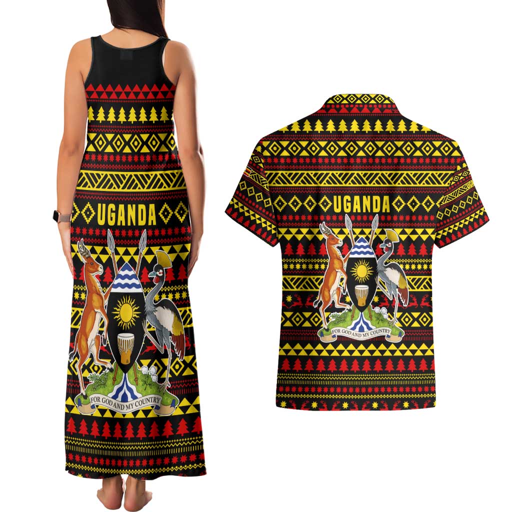 Uganda Christmas Couples Matching Tank Maxi Dress and Hawaiian Shirt with Flamingo Lights Uganda Flag and Black Red Yellow Tribal Pattern Design - Wonder Print Shop