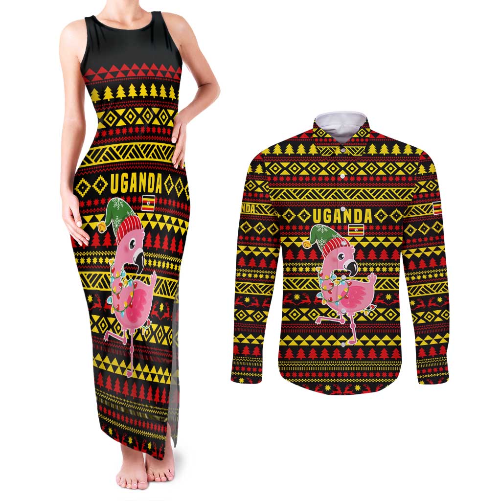 Uganda Christmas Couples Matching Tank Maxi Dress and Long Sleeve Button Shirt with Flamingo Lights Uganda Flag and Black Red Yellow Tribal Pattern Design - Wonder Print Shop