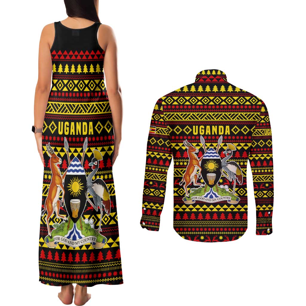Uganda Christmas Couples Matching Tank Maxi Dress and Long Sleeve Button Shirt with Flamingo Lights Uganda Flag and Black Red Yellow Tribal Pattern Design - Wonder Print Shop