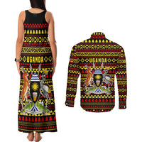 Uganda Christmas Couples Matching Tank Maxi Dress and Long Sleeve Button Shirt with Flamingo Lights Uganda Flag and Black Red Yellow Tribal Pattern Design - Wonder Print Shop