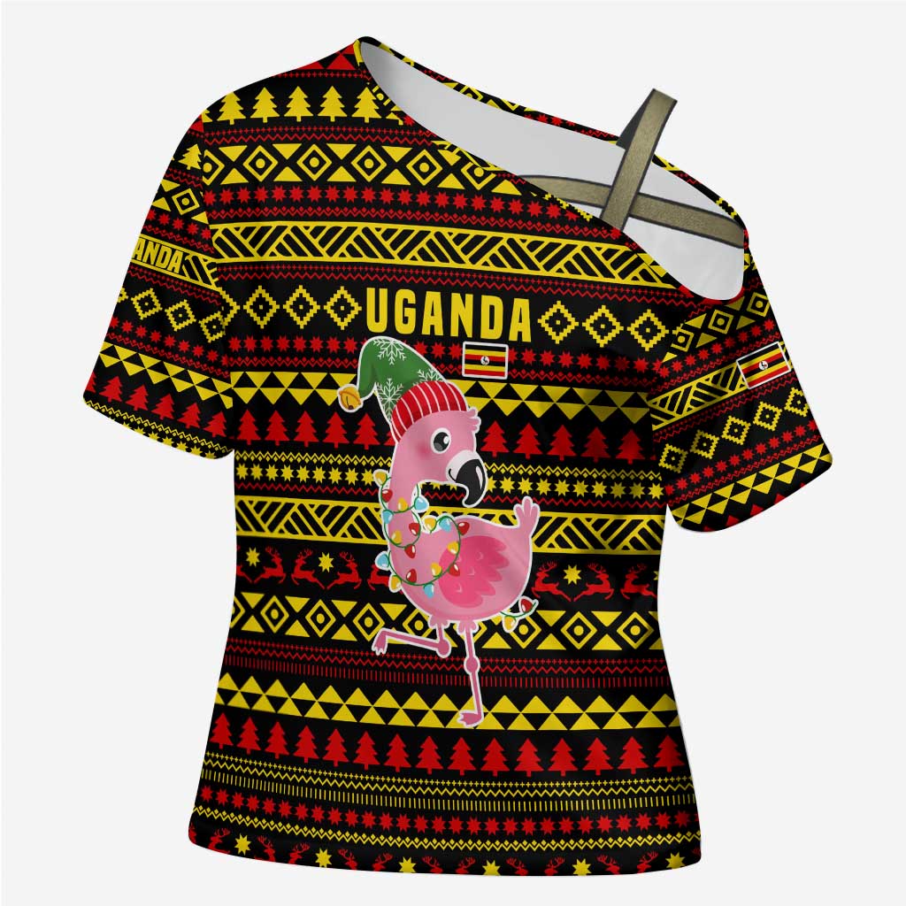 Uganda Christmas Cross Shoulder Shirt with Flamingo Lights Uganda Flag and Black Red Yellow Tribal Pattern Design - Wonder Print Shop