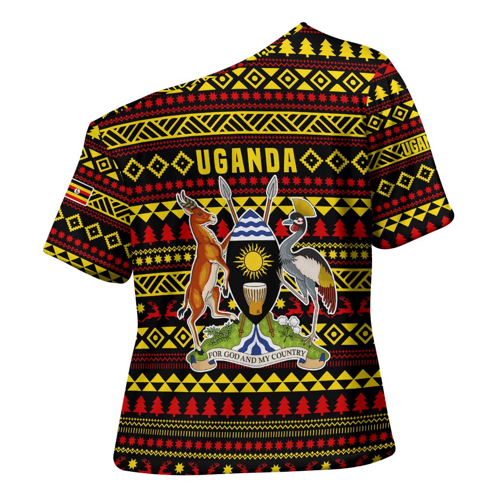 Uganda Christmas Cross Shoulder Shirt with Flamingo Lights Uganda Flag and Black Red Yellow Tribal Pattern Design - Wonder Print Shop