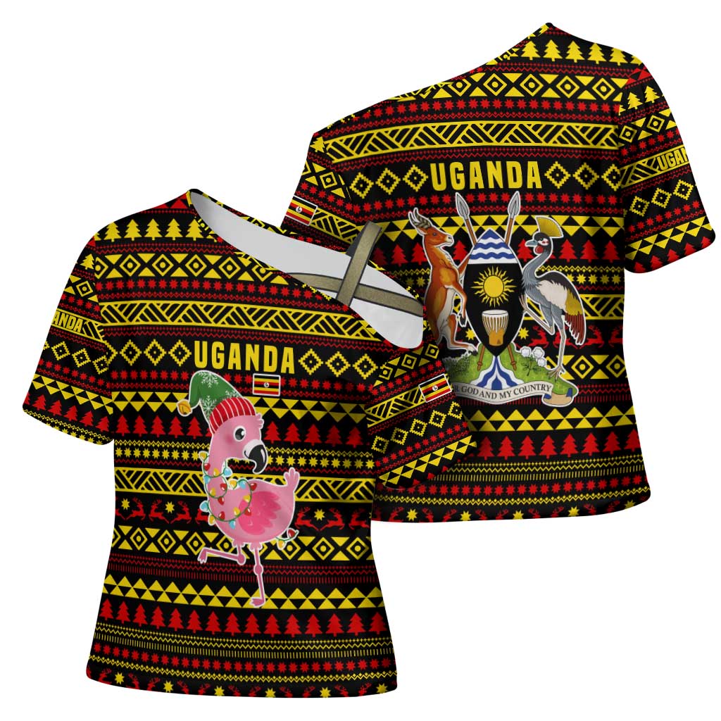 Uganda Christmas Cross Shoulder Shirt with Flamingo Lights Uganda Flag and Black Red Yellow Tribal Pattern Design - Wonder Print Shop