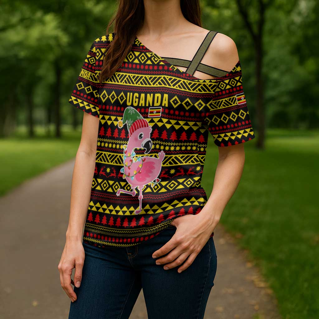 Uganda Christmas Cross Shoulder Shirt with Flamingo Lights Uganda Flag and Black Red Yellow Tribal Pattern Design - Wonder Print Shop