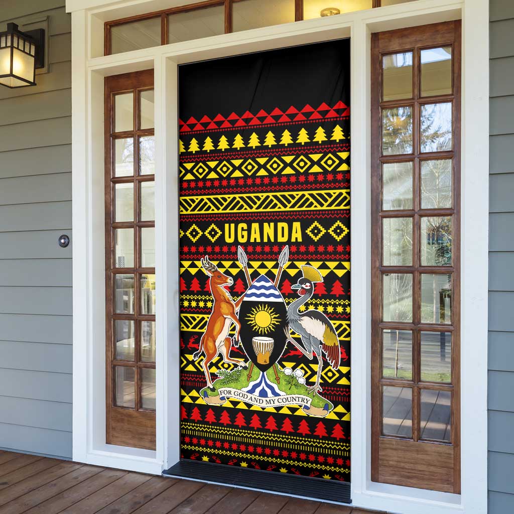Uganda Christmas Door Cover with Flamingo Lights Uganda Flag and Black Red Yellow Tribal Pattern Design - Wonder Print Shop