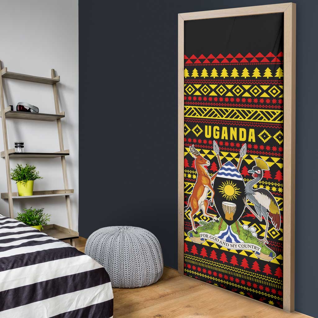 Uganda Christmas Door Cover with Flamingo Lights Uganda Flag and Black Red Yellow Tribal Pattern Design - Wonder Print Shop