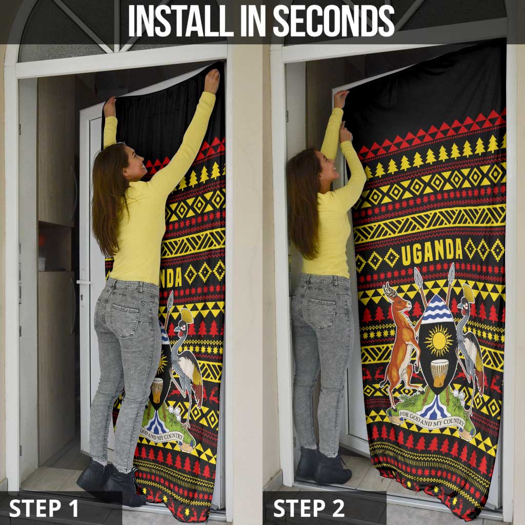 Uganda Christmas Door Cover with Flamingo Lights Uganda Flag and Black Red Yellow Tribal Pattern Design - Wonder Print Shop
