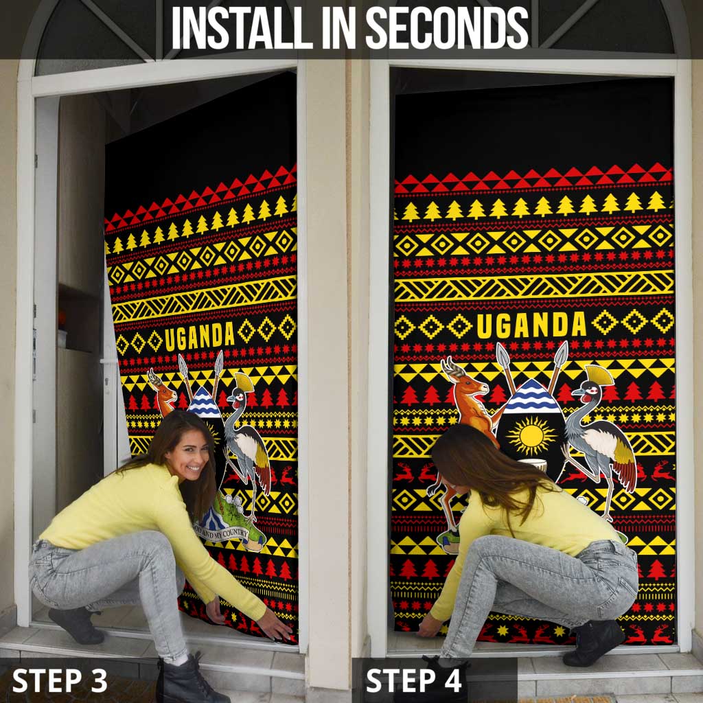 Uganda Christmas Door Cover with Flamingo Lights Uganda Flag and Black Red Yellow Tribal Pattern Design - Wonder Print Shop