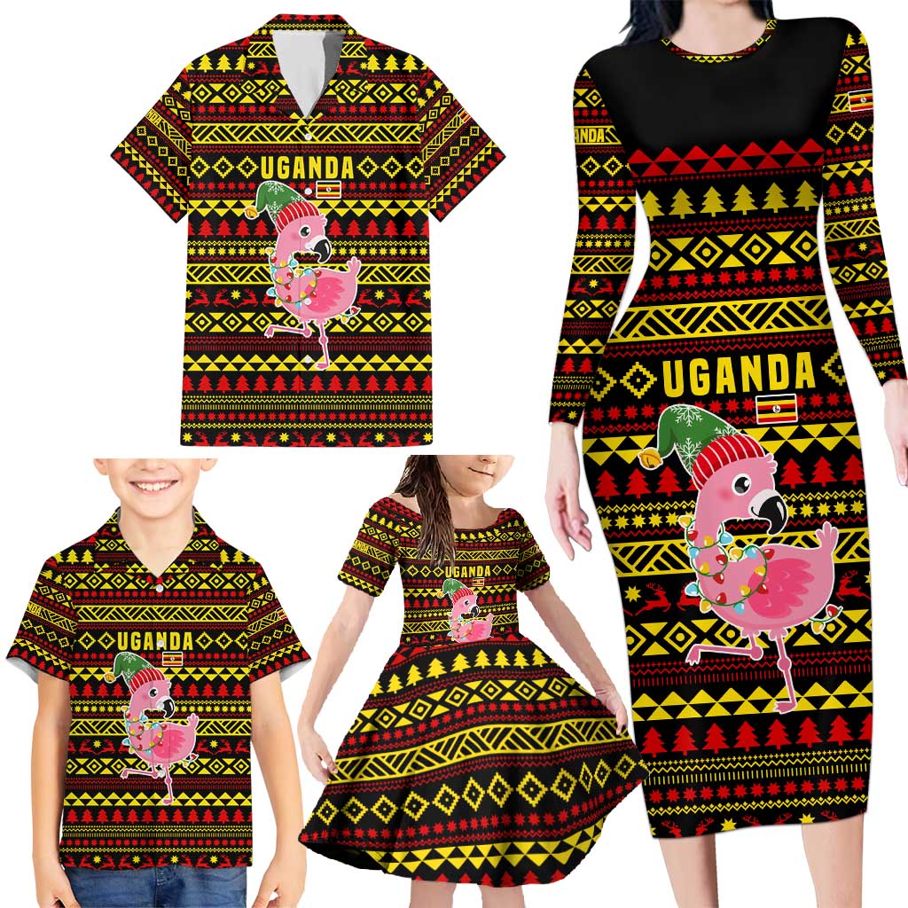 Uganda Christmas Family Matching Long Sleeve Bodycon Dress and Hawaiian Shirt with Flamingo Lights Uganda Flag and Black Red Yellow Tribal Pattern Design - Wonder Print Shop