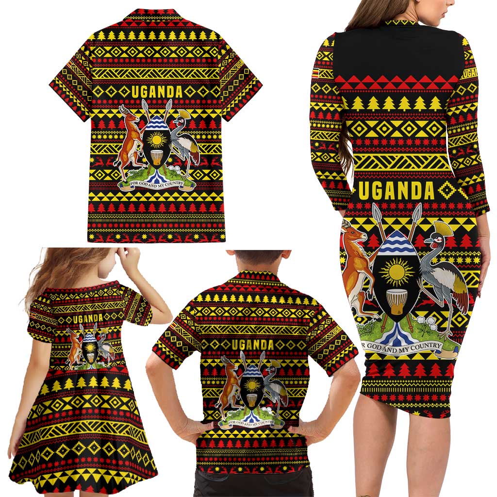 Uganda Christmas Family Matching Long Sleeve Bodycon Dress and Hawaiian Shirt with Flamingo Lights Uganda Flag and Black Red Yellow Tribal Pattern Design - Wonder Print Shop