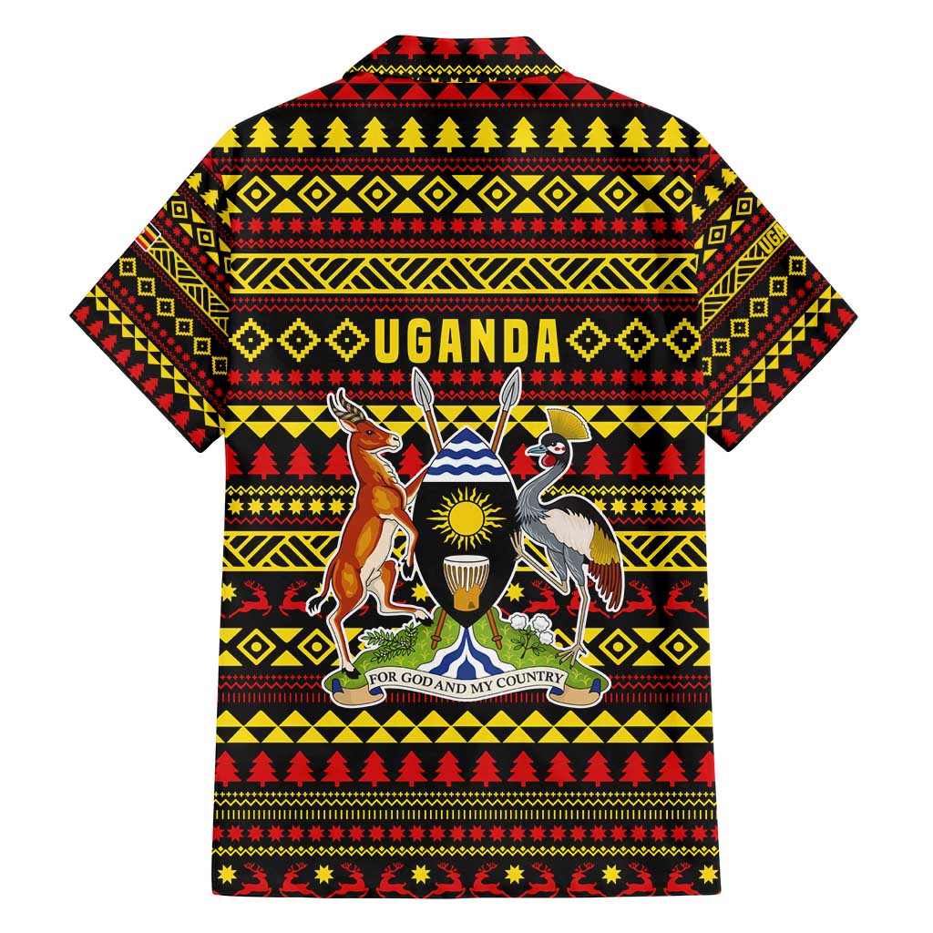 Uganda Christmas Family Matching Long Sleeve Bodycon Dress and Hawaiian Shirt with Flamingo Lights Uganda Flag and Black Red Yellow Tribal Pattern Design - Wonder Print Shop