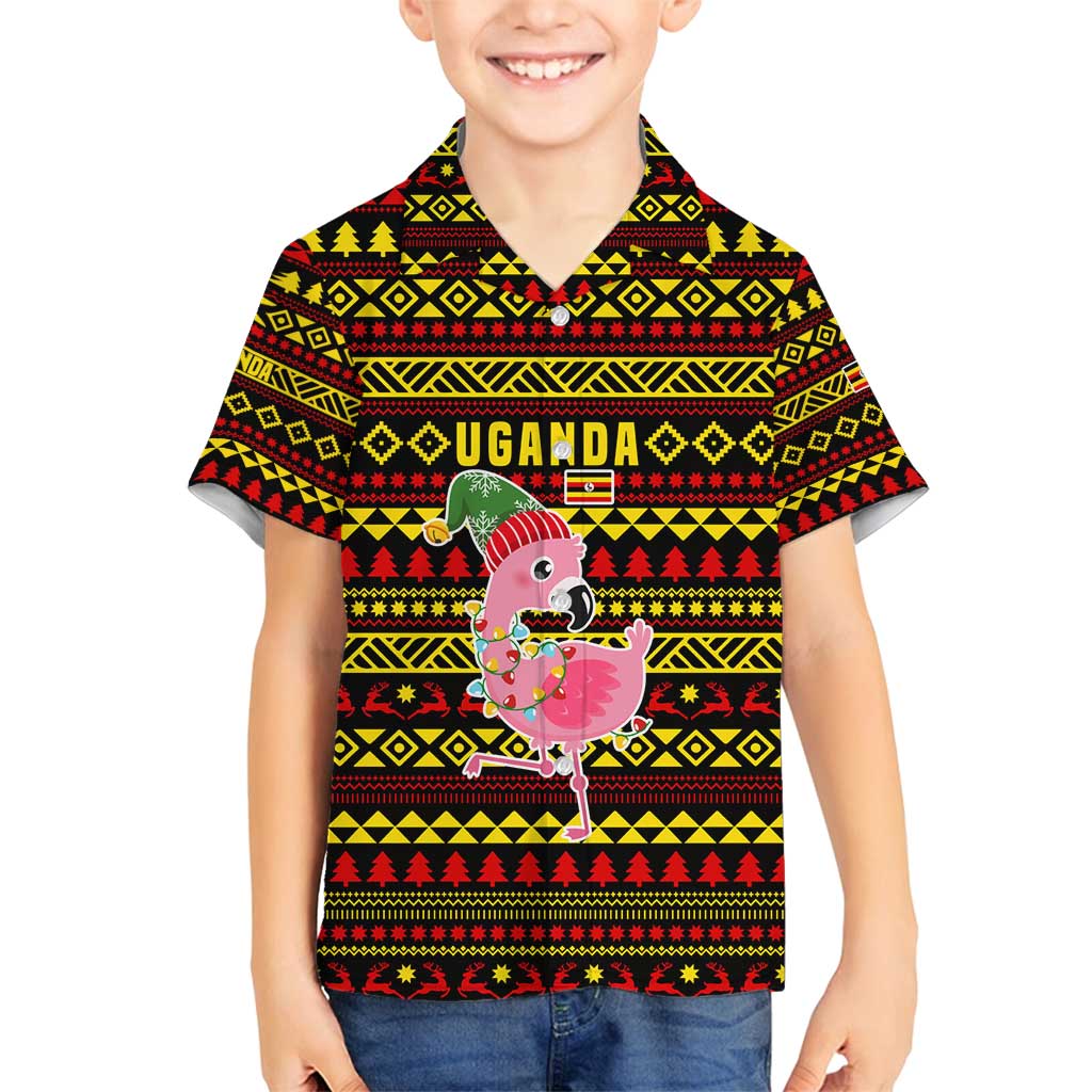 Uganda Christmas Family Matching Long Sleeve Bodycon Dress and Hawaiian Shirt with Flamingo Lights Uganda Flag and Black Red Yellow Tribal Pattern Design - Wonder Print Shop