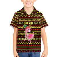 Uganda Christmas Family Matching Long Sleeve Bodycon Dress and Hawaiian Shirt with Flamingo Lights Uganda Flag and Black Red Yellow Tribal Pattern Design - Wonder Print Shop