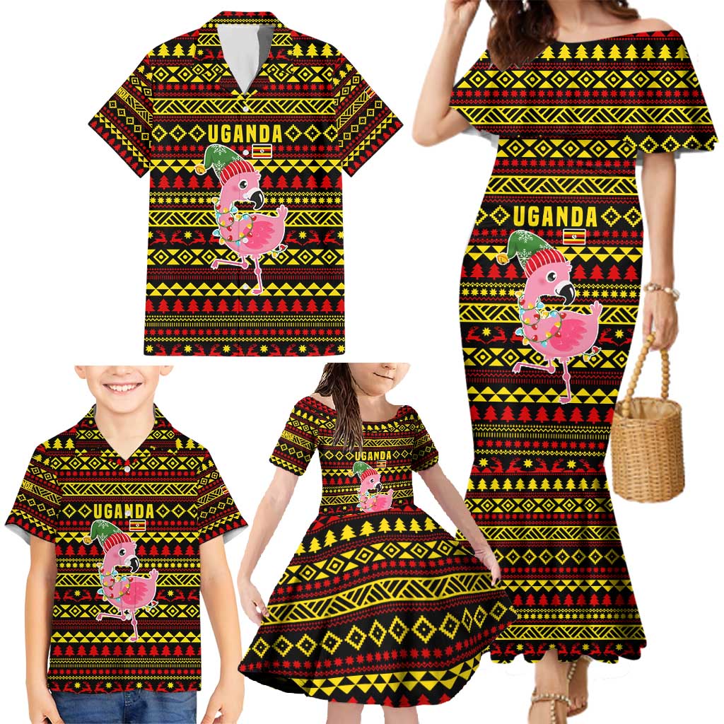 Uganda Christmas Family Matching Mermaid Dress and Hawaiian Shirt with Flamingo Lights Uganda Flag and Black Red Yellow Tribal Pattern Design - Wonder Print Shop