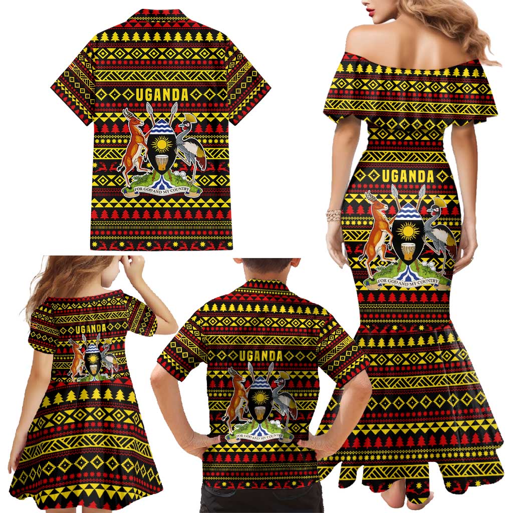 Uganda Christmas Family Matching Mermaid Dress and Hawaiian Shirt with Flamingo Lights Uganda Flag and Black Red Yellow Tribal Pattern Design - Wonder Print Shop