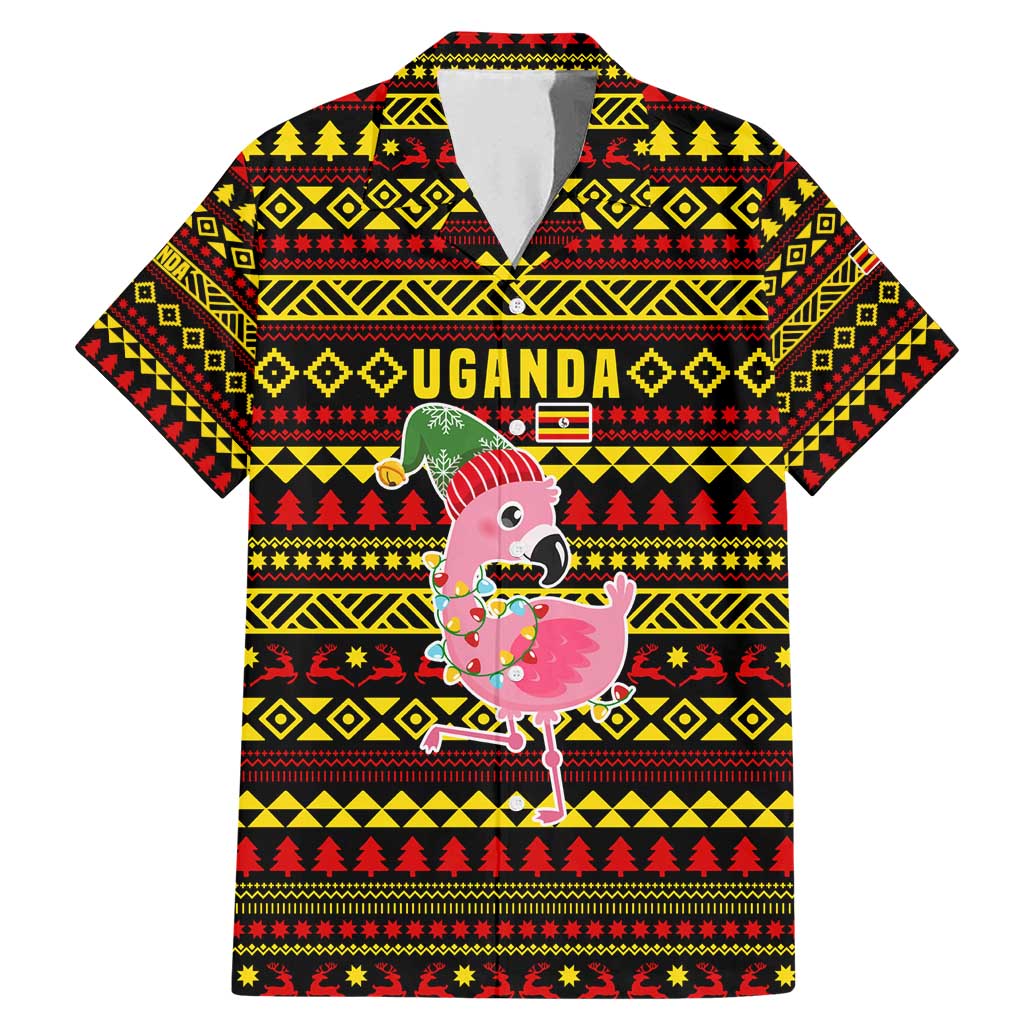 Uganda Christmas Family Matching Mermaid Dress and Hawaiian Shirt with Flamingo Lights Uganda Flag and Black Red Yellow Tribal Pattern Design - Wonder Print Shop
