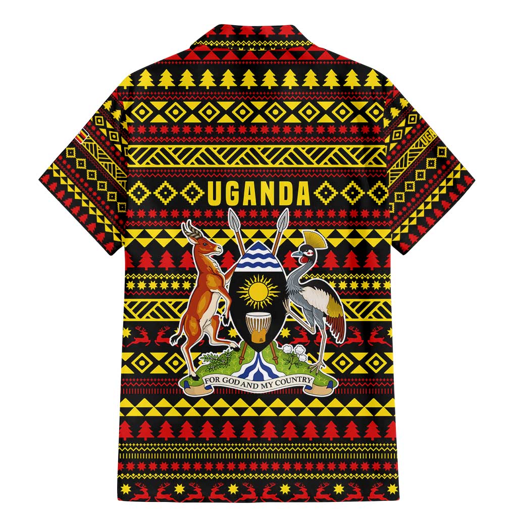 Uganda Christmas Family Matching Mermaid Dress and Hawaiian Shirt with Flamingo Lights Uganda Flag and Black Red Yellow Tribal Pattern Design - Wonder Print Shop
