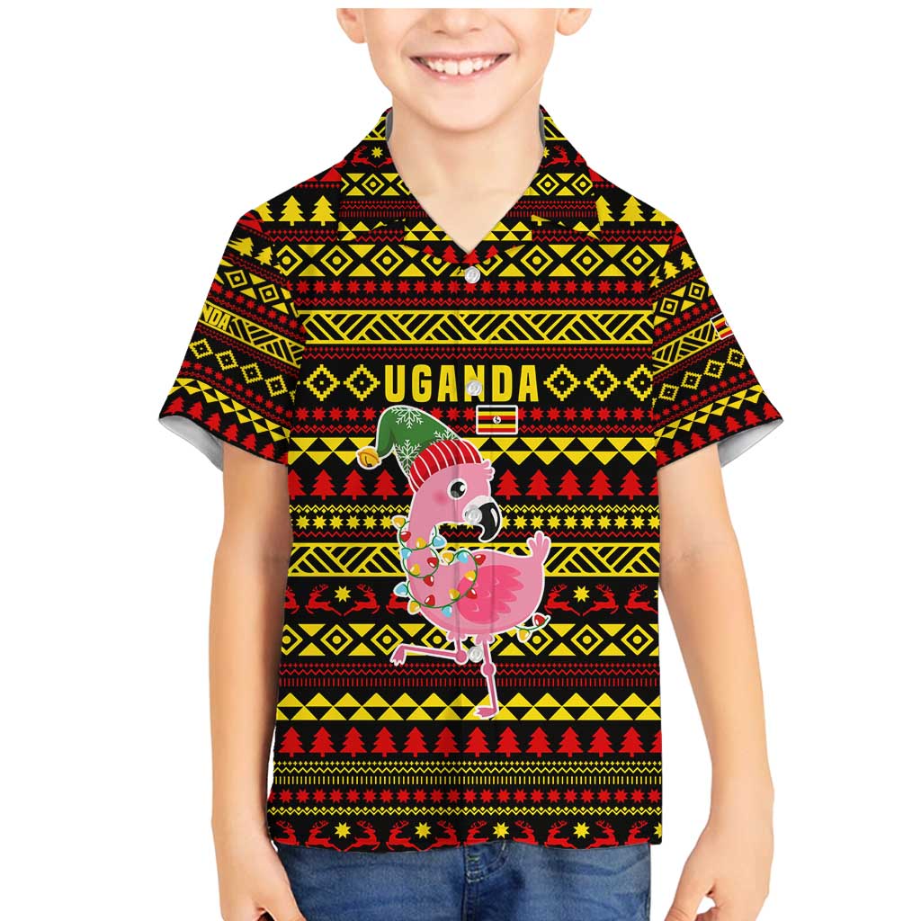 Uganda Christmas Family Matching Mermaid Dress and Hawaiian Shirt with Flamingo Lights Uganda Flag and Black Red Yellow Tribal Pattern Design - Wonder Print Shop
