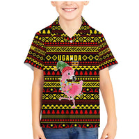 Uganda Christmas Family Matching Mermaid Dress and Hawaiian Shirt with Flamingo Lights Uganda Flag and Black Red Yellow Tribal Pattern Design - Wonder Print Shop