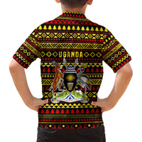 Uganda Christmas Family Matching Off The Shoulder Long Sleeve Dress and Hawaiian Shirt with Flamingo Lights Uganda Flag and Black Red Yellow Tribal Pattern Design - Wonder Print Shop