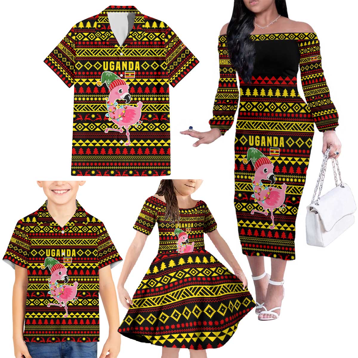Uganda Christmas Family Matching Off The Shoulder Long Sleeve Dress and Hawaiian Shirt with Flamingo Lights Uganda Flag and Black Red Yellow Tribal Pattern Design - Wonder Print Shop