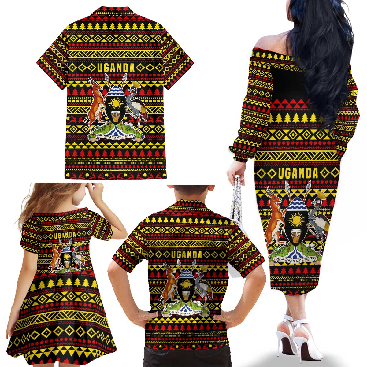 Uganda Christmas Family Matching Off The Shoulder Long Sleeve Dress and Hawaiian Shirt with Flamingo Lights Uganda Flag and Black Red Yellow Tribal Pattern Design - Wonder Print Shop
