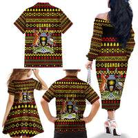Uganda Christmas Family Matching Off The Shoulder Long Sleeve Dress and Hawaiian Shirt with Flamingo Lights Uganda Flag and Black Red Yellow Tribal Pattern Design - Wonder Print Shop