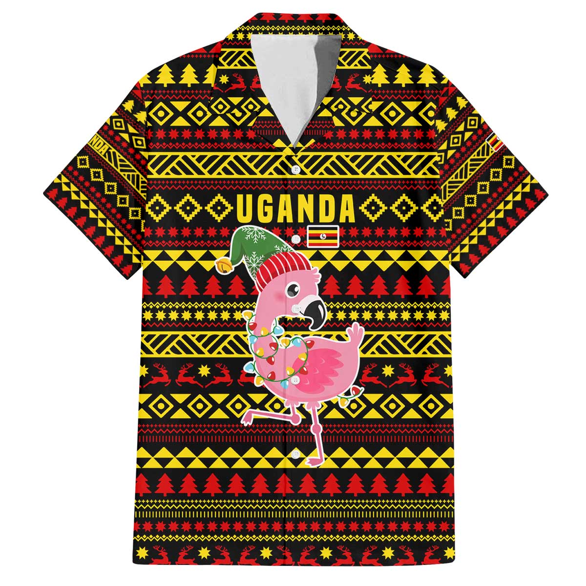 Uganda Christmas Family Matching Off The Shoulder Long Sleeve Dress and Hawaiian Shirt with Flamingo Lights Uganda Flag and Black Red Yellow Tribal Pattern Design - Wonder Print Shop