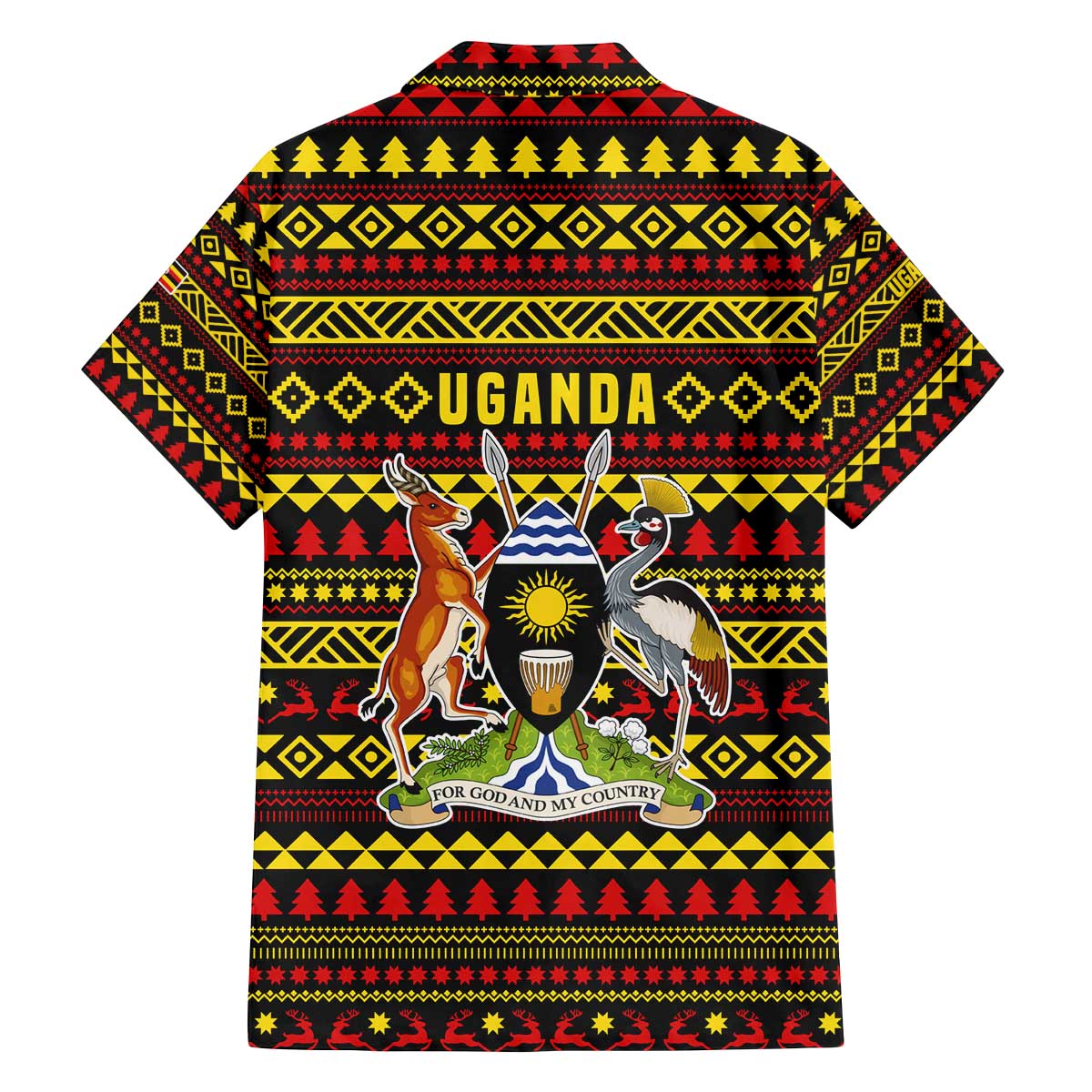 Uganda Christmas Family Matching Off The Shoulder Long Sleeve Dress and Hawaiian Shirt with Flamingo Lights Uganda Flag and Black Red Yellow Tribal Pattern Design - Wonder Print Shop