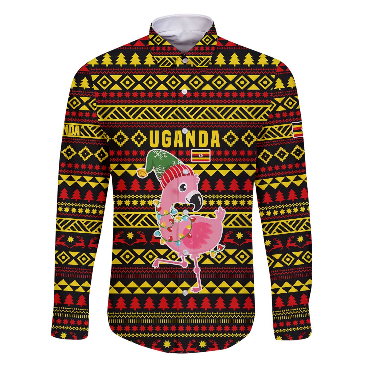 Uganda Christmas Family Matching Off The Shoulder Long Sleeve Dress and Hawaiian Shirt with Flamingo Lights Uganda Flag and Black Red Yellow Tribal Pattern Design - Wonder Print Shop