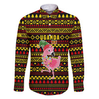Uganda Christmas Family Matching Off The Shoulder Long Sleeve Dress and Hawaiian Shirt with Flamingo Lights Uganda Flag and Black Red Yellow Tribal Pattern Design - Wonder Print Shop